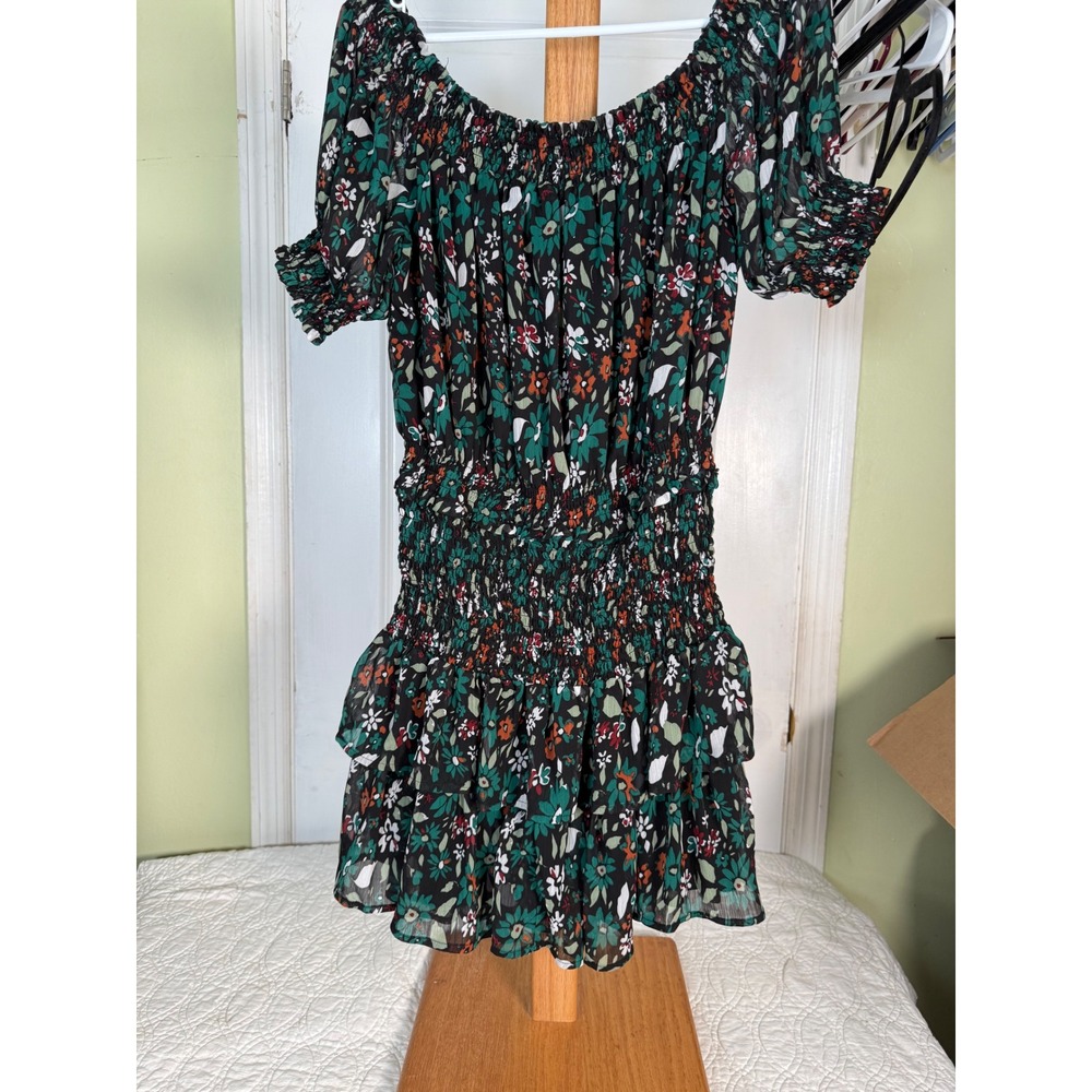 Revamped Floral Smocked Mini Dress XL Black Green Off Shoulder Tiered Ruffle